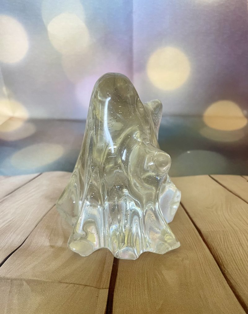 Adorable handcrafted resin ghost ornament. Clear with Silver Glitter.
