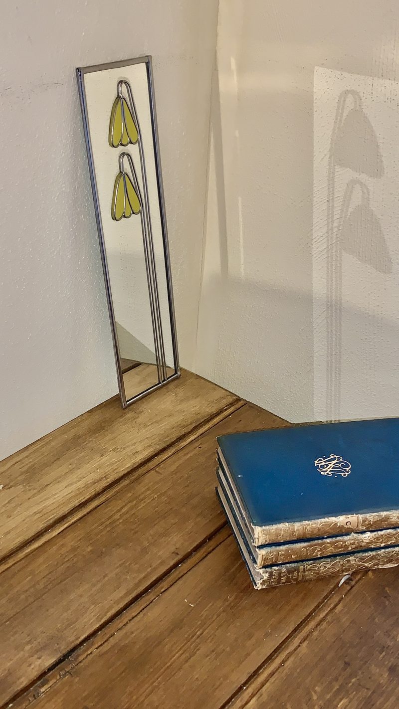 Stained glass effect Mirror with Art nouveau style pink and white leaf pattern. (Copy)