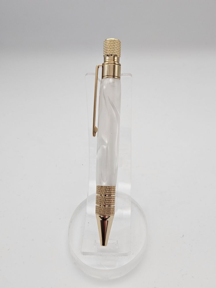 Headwind Twist Pen with Gold Trim and White Pearlescent Resin