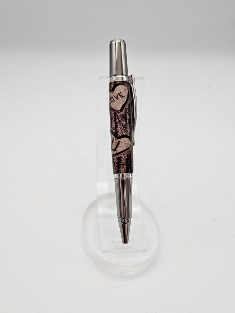 Handmade Sirocco Pen with Tree Bark Resin Body and Carved Hearts