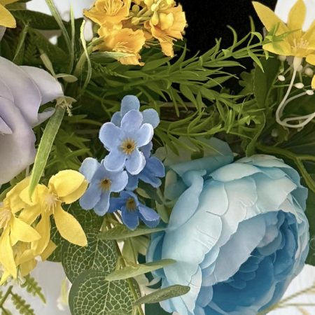 Handmade Grapevine Wreath with Cat and Butterfly Among Yellow and Blue Flowers 55cm x 5cm