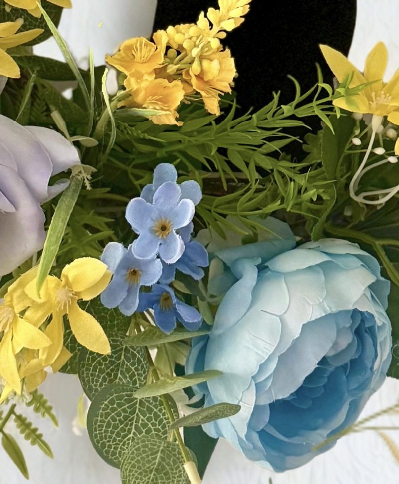 Handmade Grapevine Wreath with Cat and Butterfly Among Yellow and Blue Flowers 55cm x 5cm