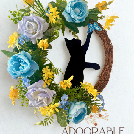 Handmade Grapevine Wreath with Cat and Butterfly Among Yellow and Blue Flowers 55cm x 5cm