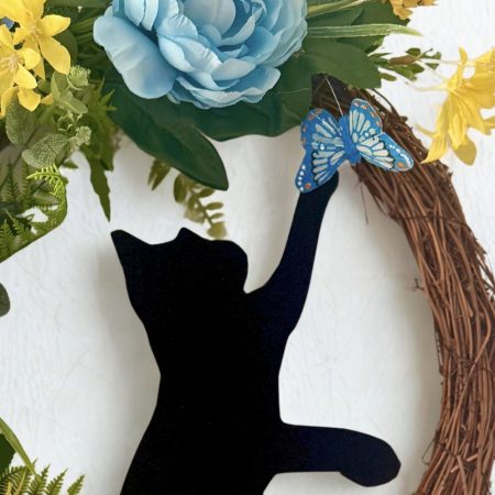 Handmade Grapevine Wreath with Cat and Butterfly Among Yellow and Blue Flowers 55cm x 5cm