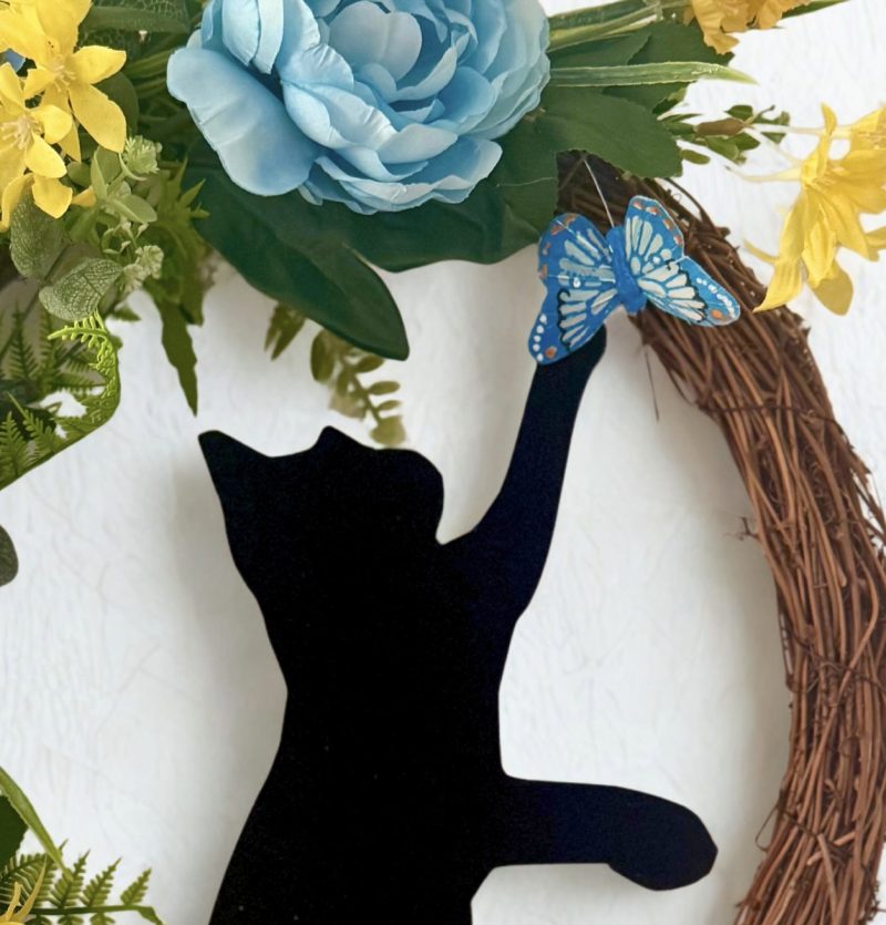 Handmade Grapevine Wreath with Cat and Butterfly Among Yellow and Blue Flowers 55cm x 5cm