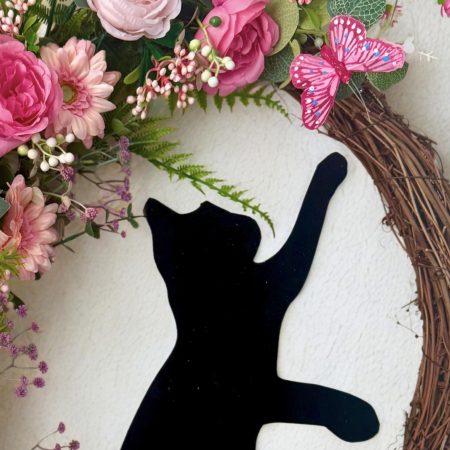 Handmade Grapevine Wreath with Cat and Butterfly Among Pink Flowers 55cm x 50cm