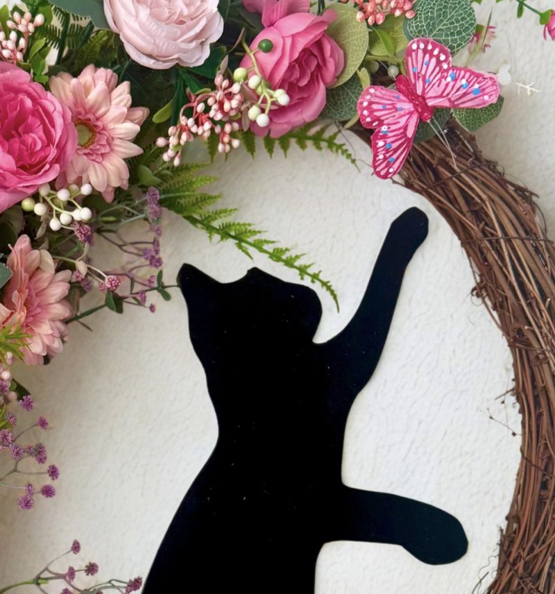 Handmade Grapevine Wreath with Cat and Butterfly Among Pink Flowers 55cm x 50cm