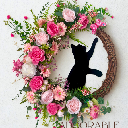Handmade Grapevine Wreath with Cat and Butterfly Among Pink Flowers 55cm x 50cm