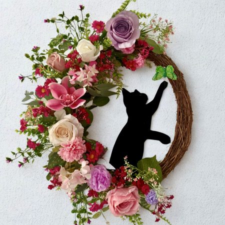 Handmade Grapevine Wreath with Cat and Butterfly Among Pastel Flowers 55cm x 50cm