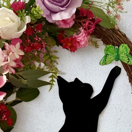 Handmade Grapevine Wreath with Cat and Butterfly Among Pastel Flowers 55cm x 50cm