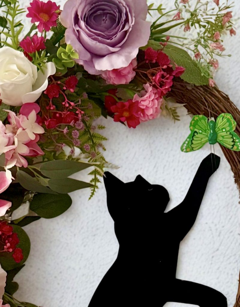 Handmade Grapevine Wreath with Cat and Butterfly Among Pastel Flowers 55cm x 50cm
