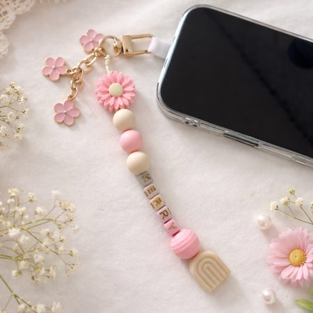 Personalised Beaded Phone Charm/Keychain- Custom Name, Cute Floral Charm