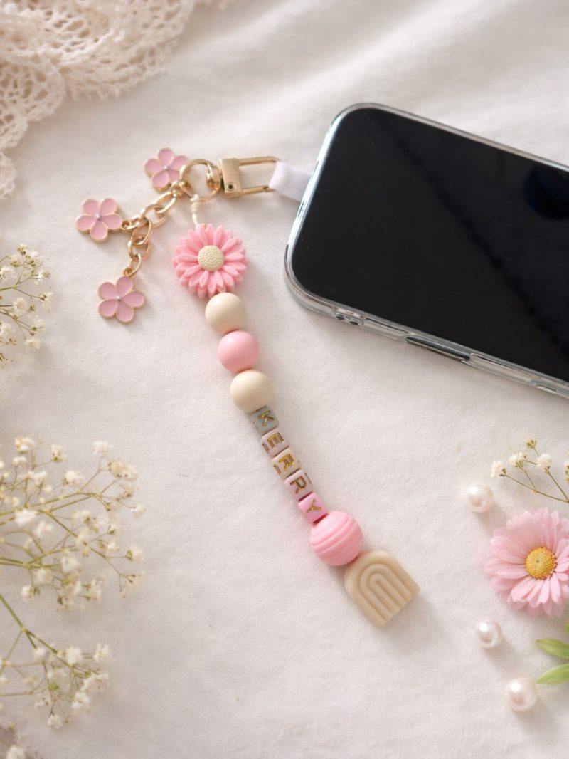 Personalised Beaded Phone Charm/Keychain- Custom Name, Cute Floral Charm