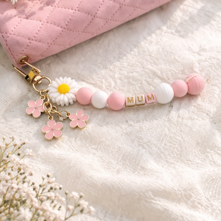 Personalised Beaded Phone Charm/Keychain- Custom Name, Cute Floral Charm