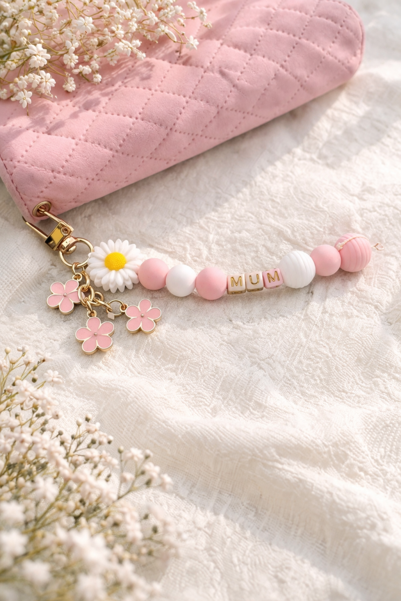 Personalised Beaded Phone Charm/Keychain- Custom Name, Cute Floral Charm