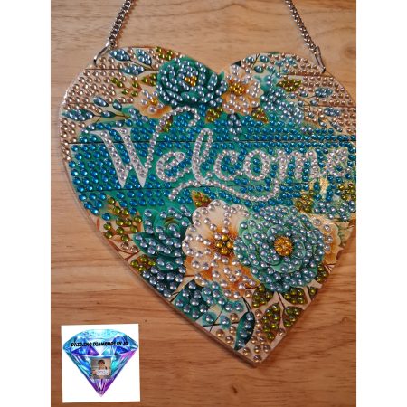 Handmade Heart-Shaped Welcome Sign with Colourful Rhinestones