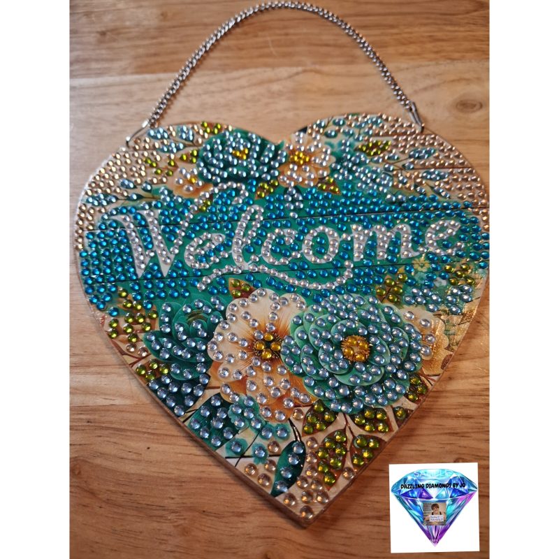 Handmade Heart-Shaped Welcome Sign with Colourful Rhinestones