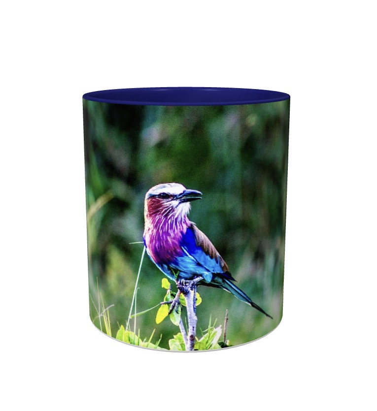 Blue Coffee Mug with Colourful Lilac Breasted Roller Bird Print, 11oz