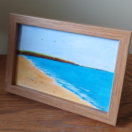 Filey Brigg original acrylic painting in Pine Frame, 6x4"