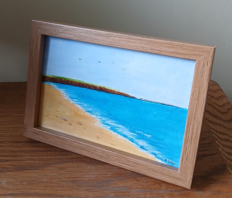 Filey Brigg original acrylic painting in Pine Frame, 6x4"