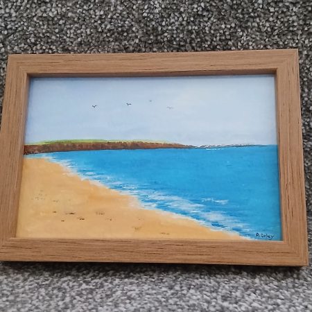 Filey Brigg original acrylic painting in Pine Frame, 6x4"