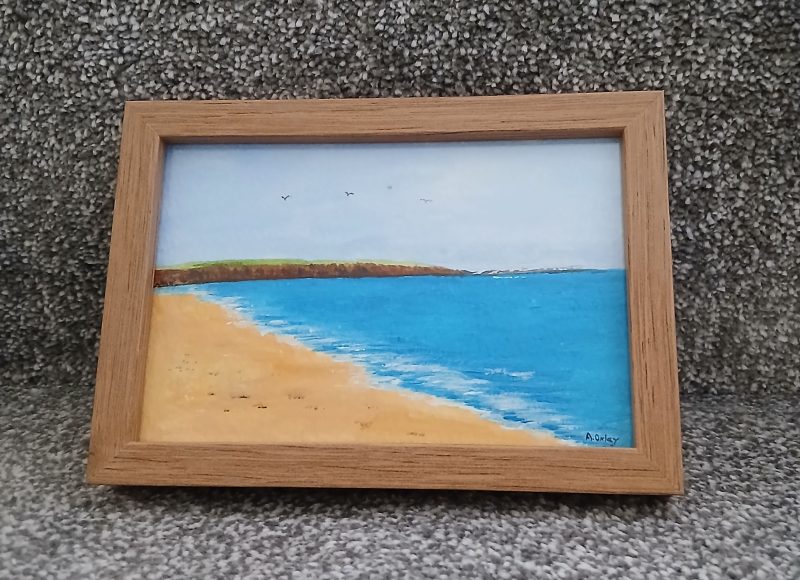 Filey Brigg original acrylic painting in Pine Frame, 6x4"