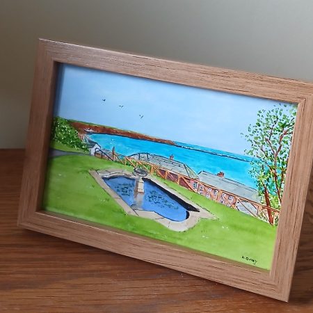Crescent Gardens Pond with Seaview, original framed acrylic painting