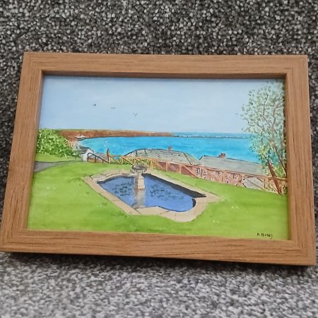 Crescent Gardens Pond with Seaview, original framed acrylic painting
