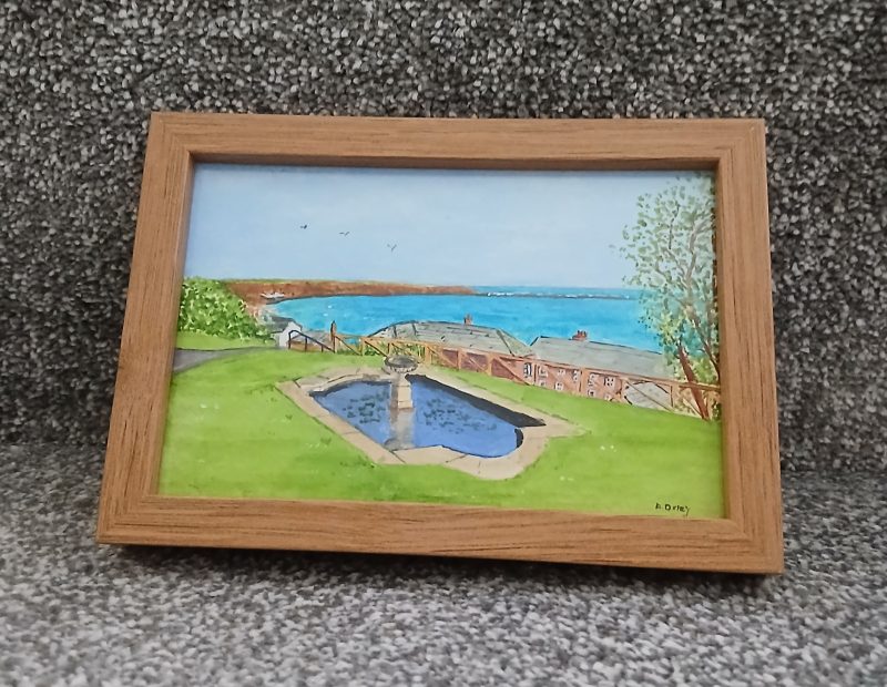 Crescent Gardens Pond with Seaview, original framed acrylic painting