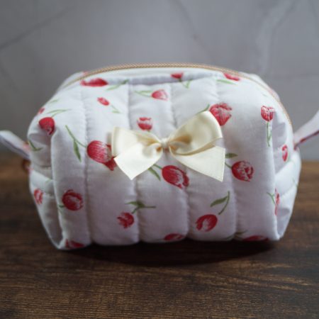Small red tulips quilted makeup bag with bow