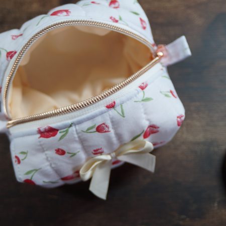 Small red tulips quilted makeup bag with bow