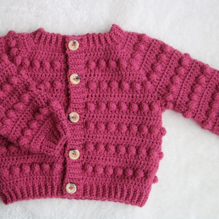 Crochet Cardigan with Bobble Design – Raspberry Pink Colour – Sizes New Baby through to Child 3-4 years – Made to Order