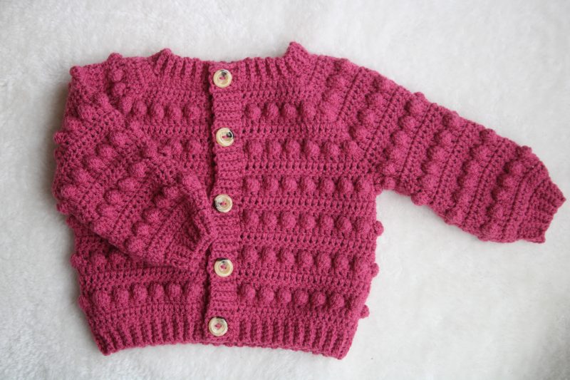 Crochet Cardigan with Bobble Design – Raspberry Pink Colour – Sizes New Baby through to Child 3-4 years – Made to Order