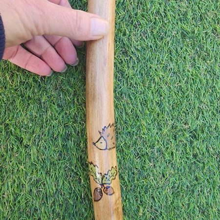 Hand crafted wooden staff with owl, fox, flowers, acorns 53in