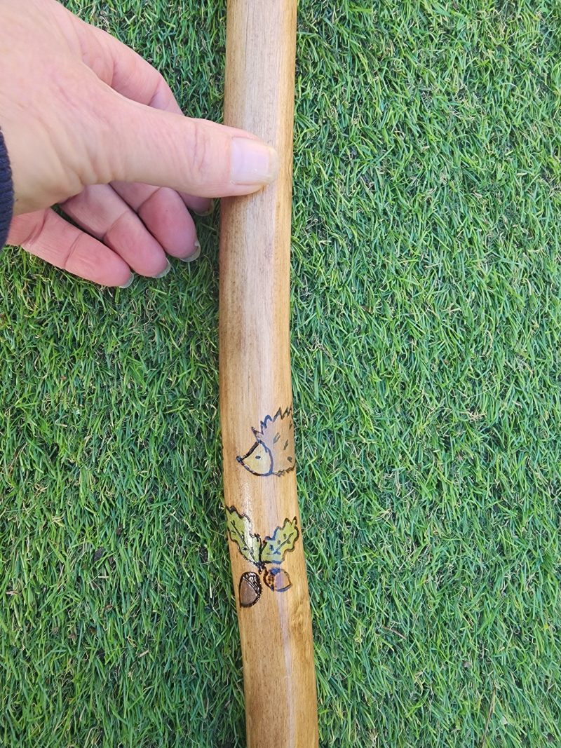 Hand crafted wooden staff with owl, fox, flowers, acorns 53in