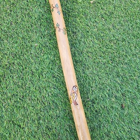 Hand crafted wooden staff with owl, fox, flowers, acorns 53in