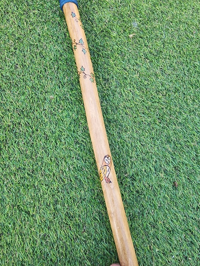 Hand crafted wooden staff with owl, fox, flowers, acorns 53in