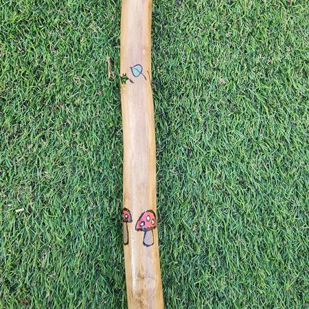 Hand crafted wooden staff with owl, fox, flowers, acorns 53in