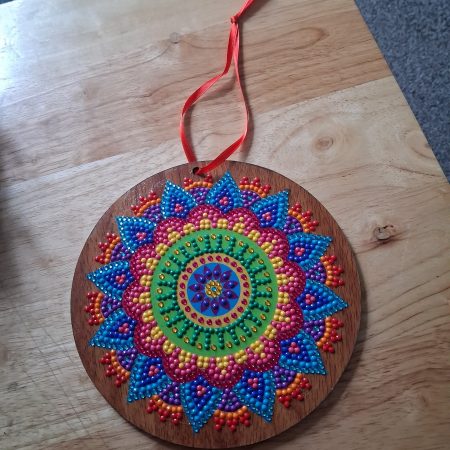 Hand-Painted Wooden Mandala Ornament with Colourful Raised Diamonds
