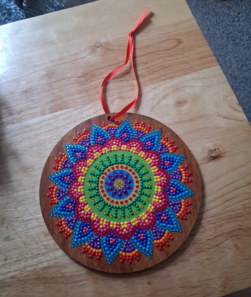 Hand-Painted Wooden Mandala Ornament with Colourful Raised Diamonds