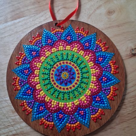 Hand-Painted Wooden Mandala Ornament with Colourful Raised Diamonds