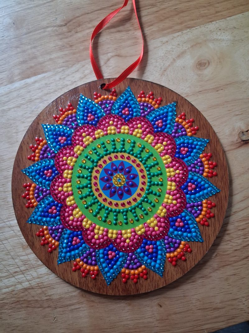 Hand-Painted Wooden Mandala Ornament with Colourful Raised Diamonds