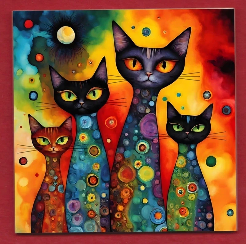 Psychedelic Multicolour Cats decorative ceramic art display tile 11cm with hook