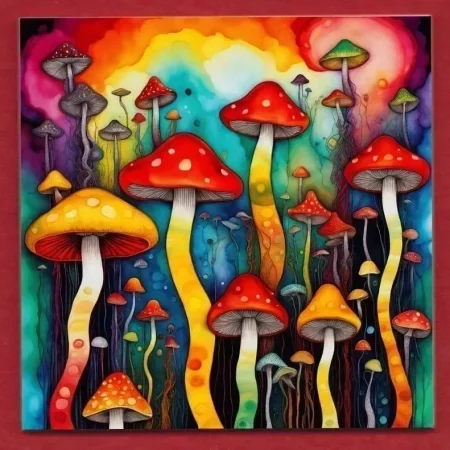 Psychedelic Multicolour Magic Mushrooms decorative ceramic art display tile 11cm with hook