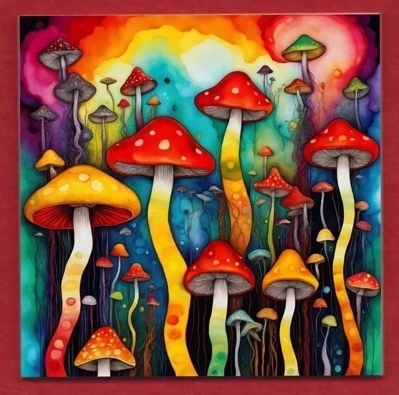 Psychedelic Multicolour Magic Mushrooms decorative ceramic art display tile 11cm with hook