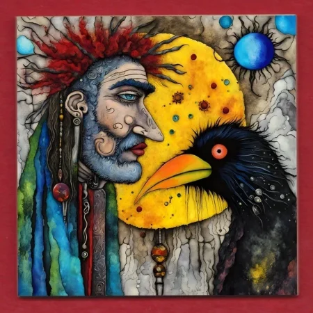 Pagan Druid with Crow decorative ceramic art display tile 11cm with hook