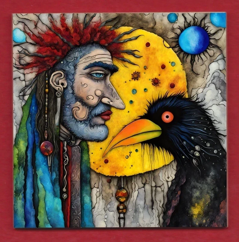 Pagan Druid with Crow decorative ceramic art display tile 11cm with hook