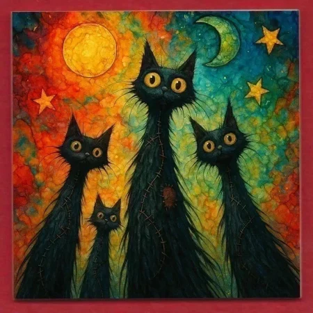 Ragdoll Black Cats with Sun Moon and Stars decorative ceramic art display tile 11cm with hook