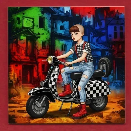 Ska Skinhead Girl on a 2-Tone Scooter decorative ceramic art display tile 11cm with hook