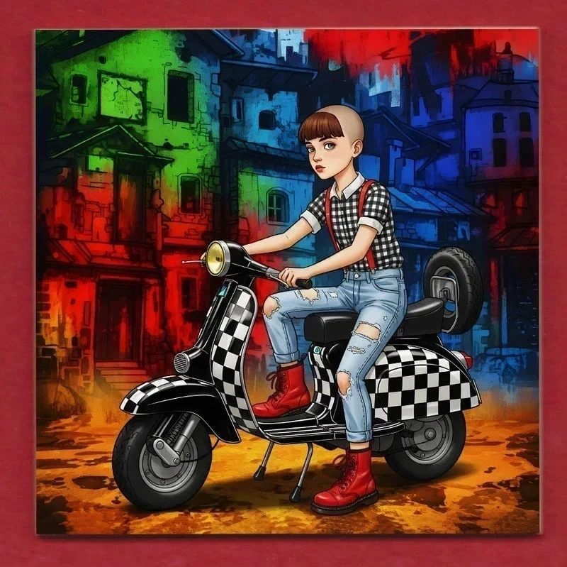 Ska Skinhead Girl on a 2-Tone Scooter decorative ceramic art display tile 11cm with hook